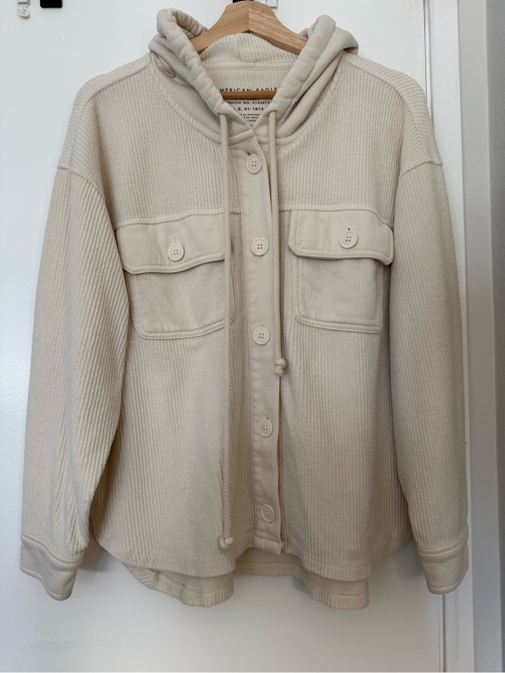 American Eagle Cream Oversized Ribbed Hoodie Jacket - M